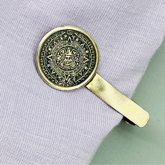 Vintage Sterling Silver Aztec Mayan Sun Calendar Tie Clip 925 - Picture 4 of 13